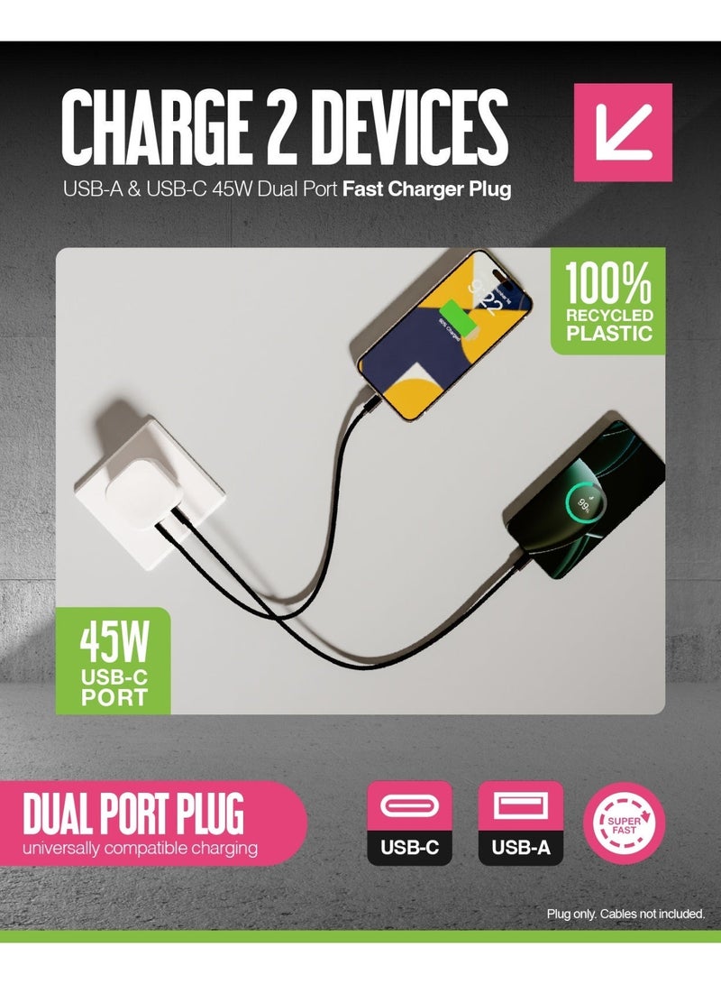 جوس شاحن JUICE بقدرة 45 واط مع منفذين USB – محول جداري للشحن السريع مزود بمنفذي USB-A وUSB-C مع دعم Power Delivery، مناسب للهواتف والأجهزة اللوحية والأجهزة الأخرى، بتصميم مدمج مع تقنية القبضة الآمنة، باللون الأبيض. - Image 3